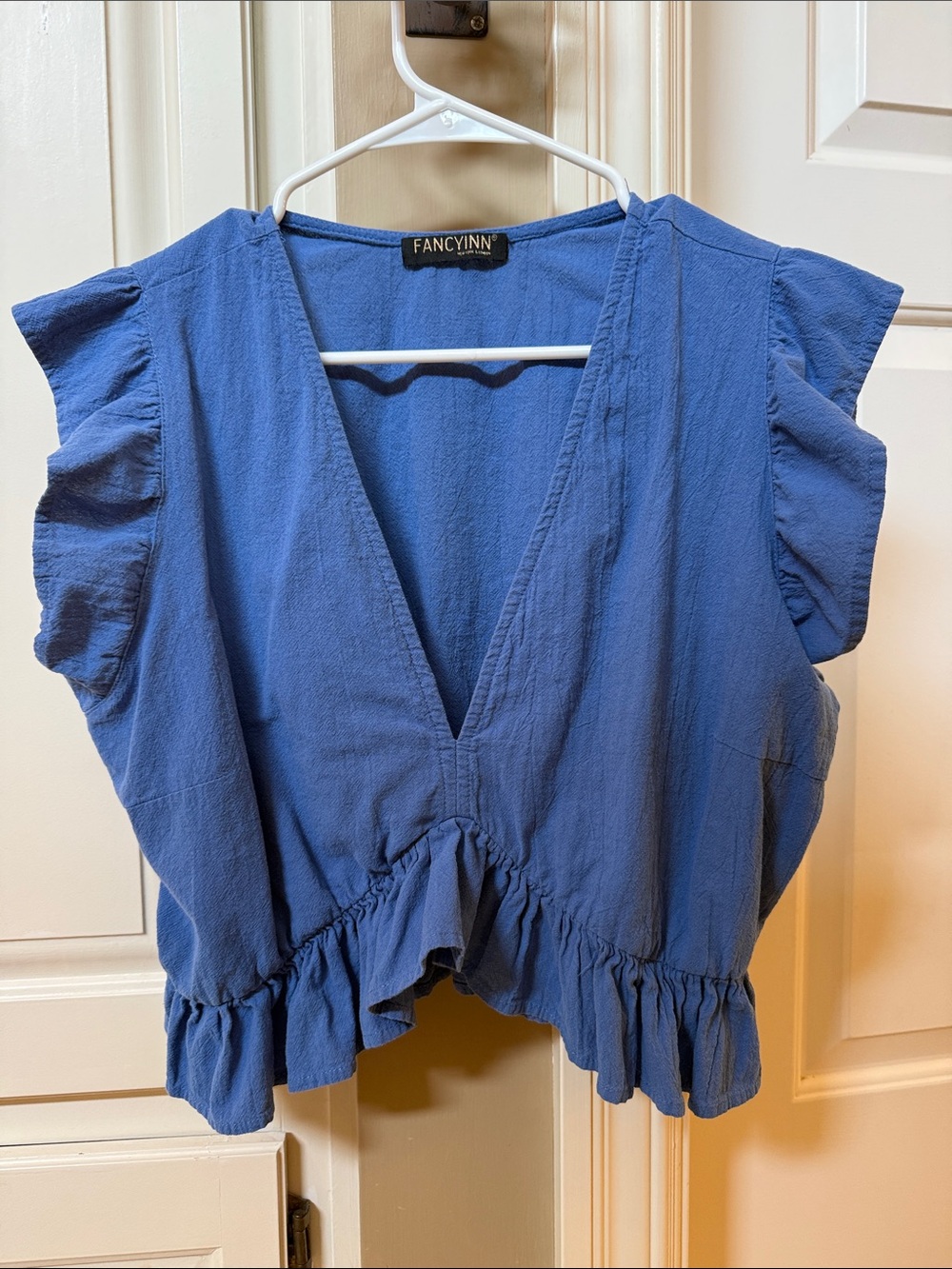 FANCYINN Periwinkle Blue V-Neck Ruffle Crop Top